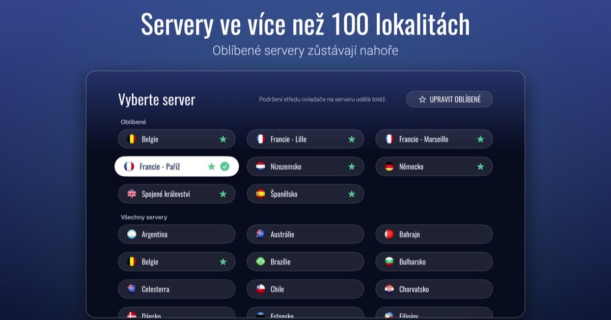 Seznam serverů v aplikaci Le VPN pro Apple TV se sekcí Oblíbené a vlajkami