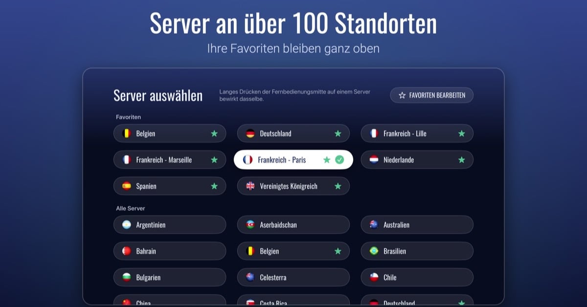 Serverliste der Le VPN Apple TV App mit einem Abschnitt Favoriten und Flaggen