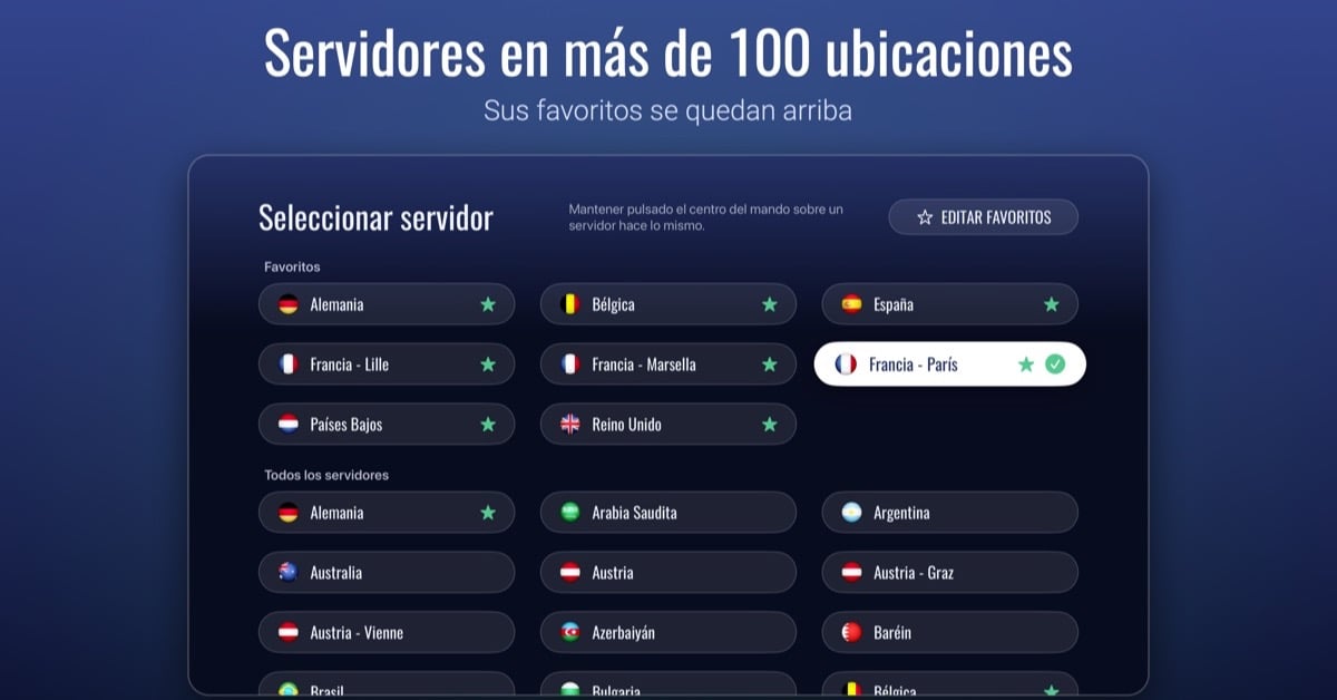 Lista de servidores de la app de Le VPN para Apple TV con una sección de Favoritos y banderas