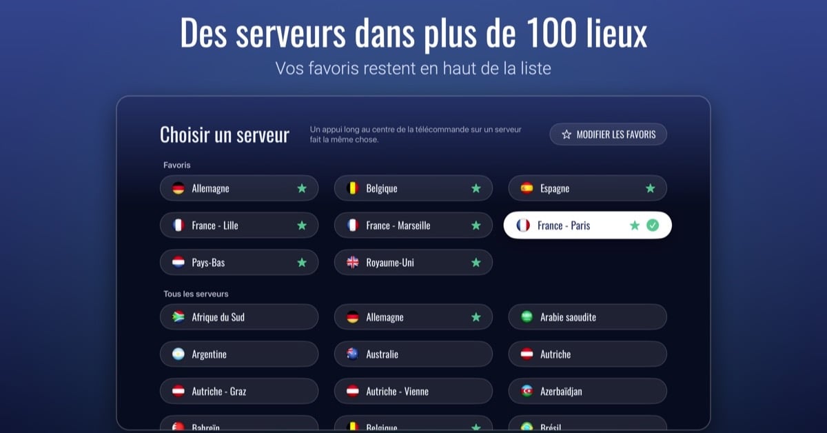 Liste des serveurs de l'app Le VPN pour Apple TV avec une section Favoris et des drapeaux