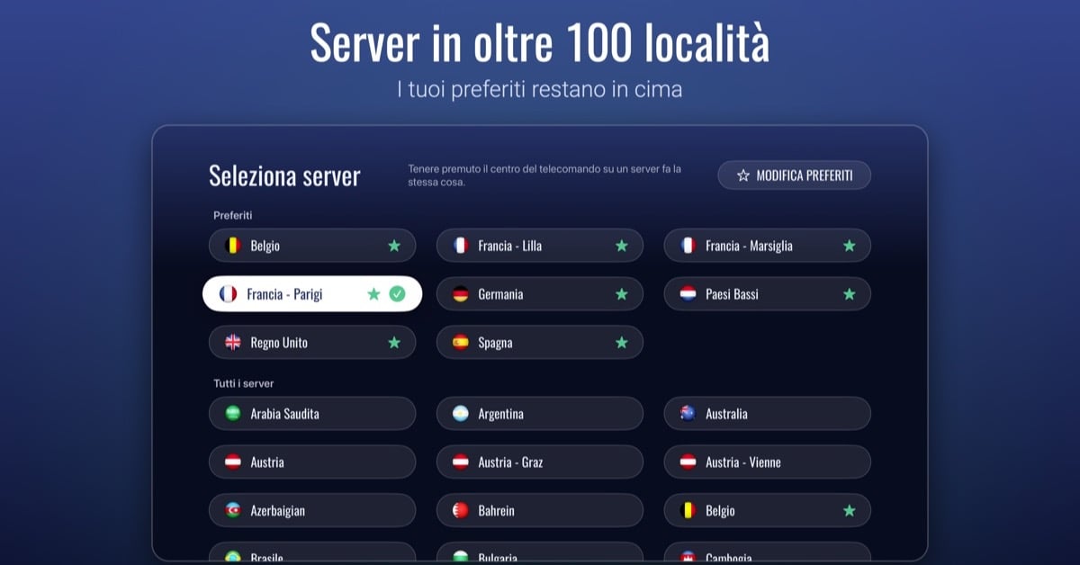 Elenco server dell'app Le VPN per Apple TV con una sezione Preferiti e le bandiere