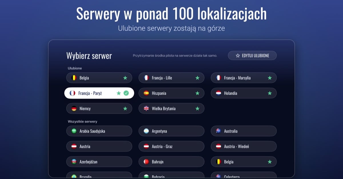 Lista serwerów w aplikacji Le VPN na Apple TV z sekcją Ulubione i flagami