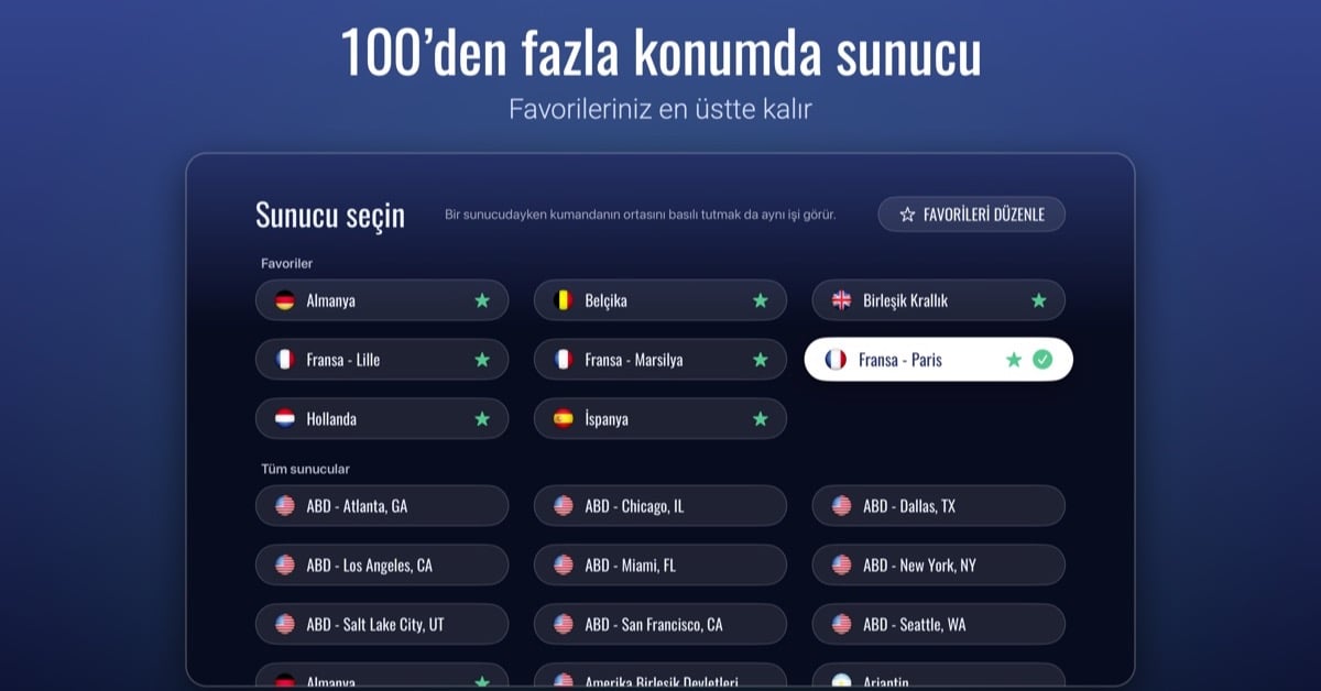 Le VPN Apple TV uygulamasının Favoriler bölümü ve bayraklarla sunucu listesi