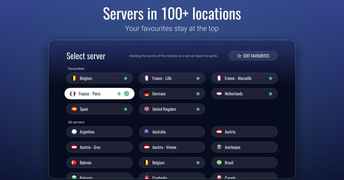 Le VPN Apple TV app server list with a Favourites section and flags