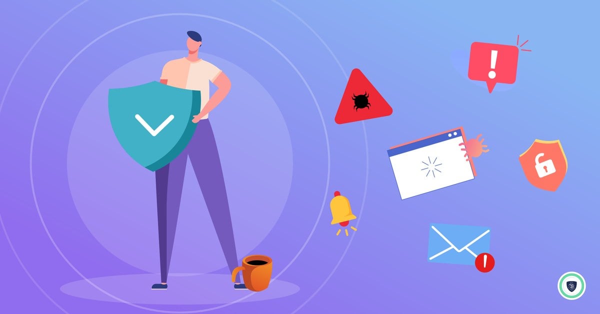Illustration of a man calmly holding a large teal shield with a check mark as warning icons, bugs and alert symbols float around him on a purple background