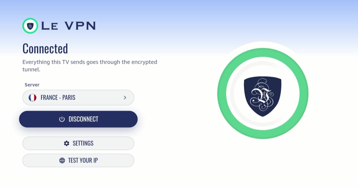 App Le VPN pour Vega OS sur un Fire TV Stick, connectée à France - Paris