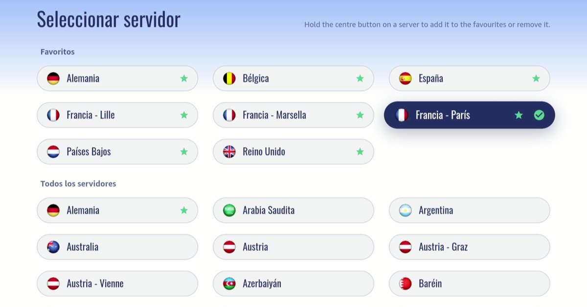 Lista de servidores de la app de Le VPN para Vega OS con una sección de Favoritos y banderas de países