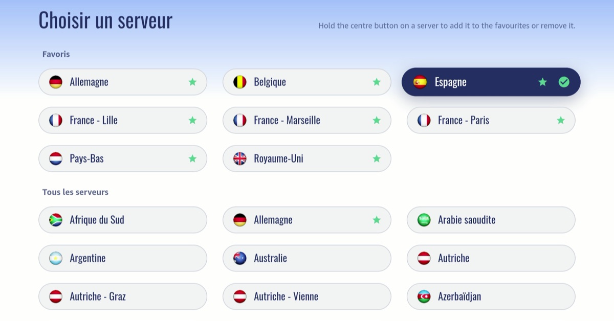 Liste des serveurs de l'app Le VPN pour Vega OS avec une section Favoris et des drapeaux