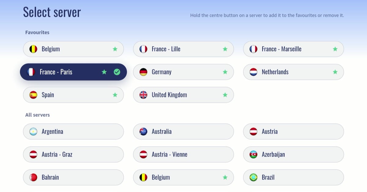 Liste des serveurs de l'app Le VPN pour Vega OS avec une section Favoris et des drapeaux