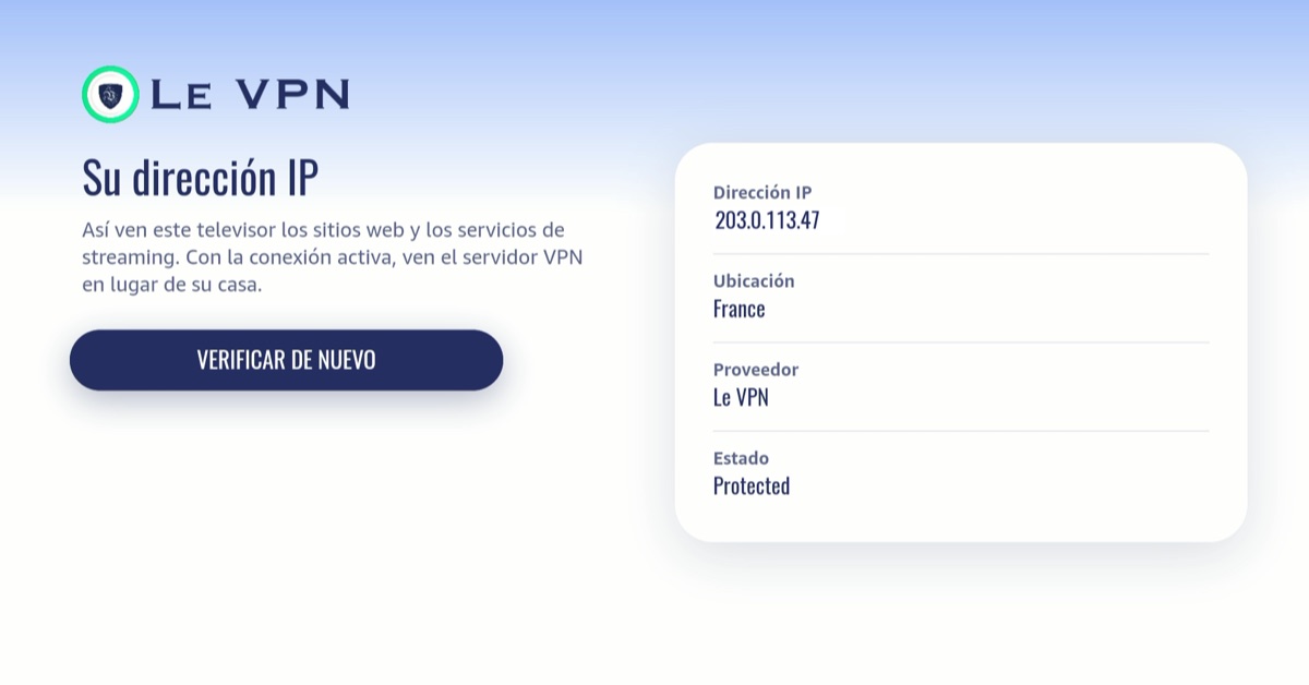 Pantalla Verifique su IP de la app de Le VPN para Vega OS mostrando una dirección IP francesa protegida