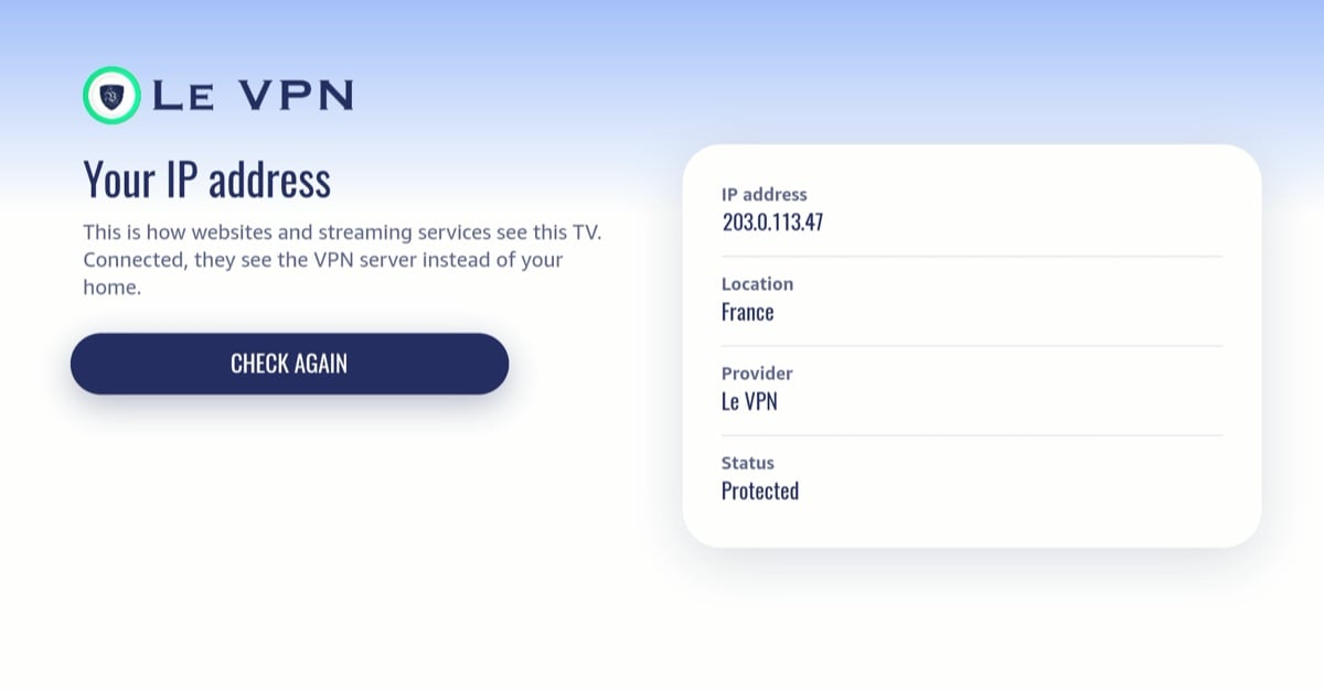 Écran Tester votre IP de l'app Le VPN pour Vega OS affichant une adresse IP française protégée