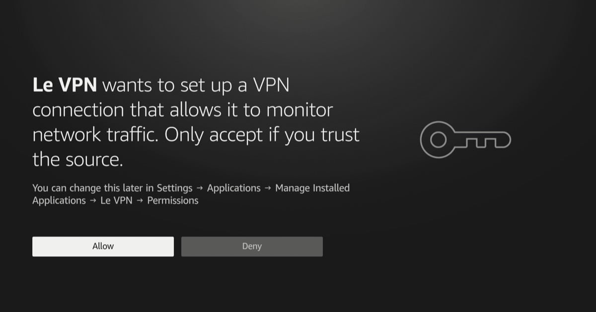 Invite système de Vega OS demandant d'autoriser Le VPN à établir une connexion VPN