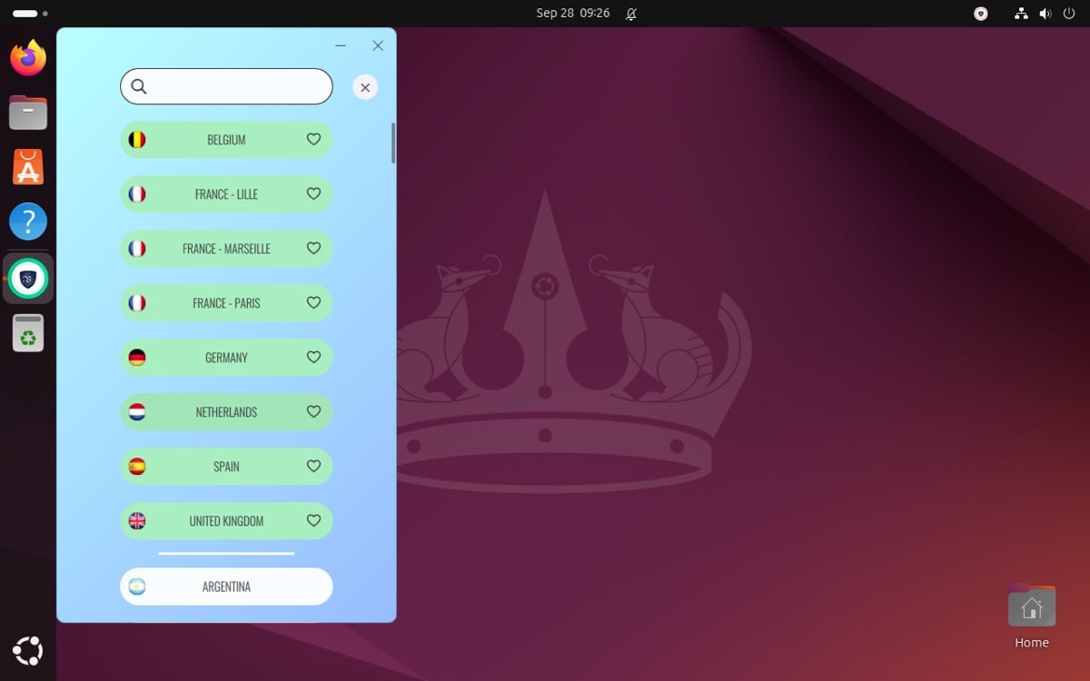 La liste des serveurs Le VPN avec recherche et favoris sur Ubuntu