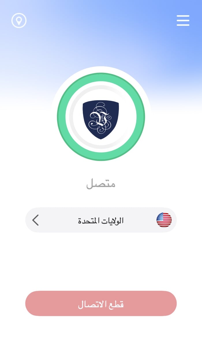 الشاشة الرئيسية لتطبيق Le VPN على Mac، متصل، مع صف الخادم وزر قطع الاتصال