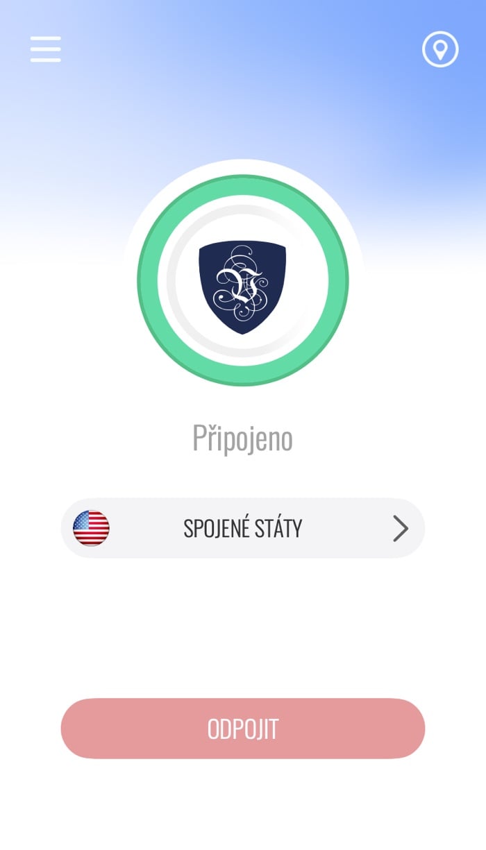 Hlavní obrazovka aplikace Le VPN pro Mac, připojeno, s řádkem serveru a tlačítkem Odpojit