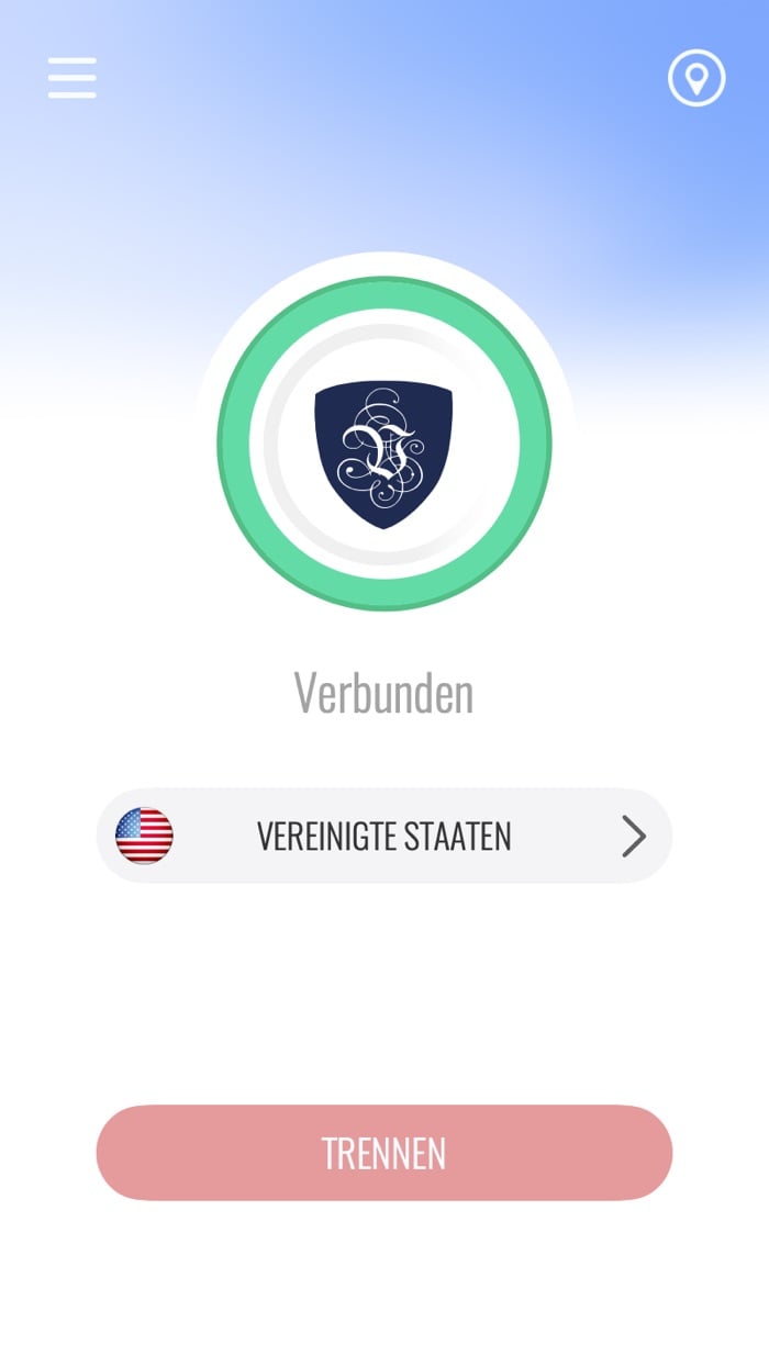 Hauptbildschirm der Le VPN Mac App, verbunden, mit der Serverzeile und der Schaltfläche Trennen