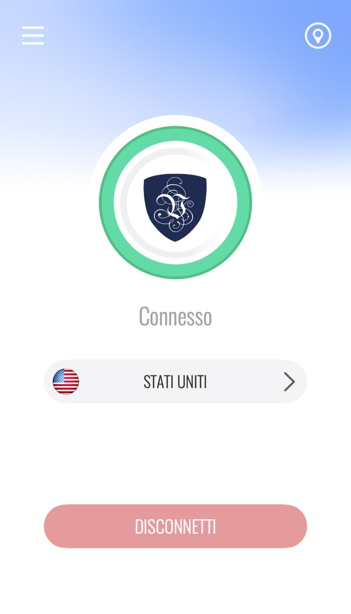 Schermata principale dell'app Le VPN per Mac, connessa, con la riga del server e il pulsante Disconnetti