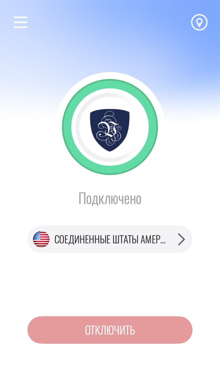Главный экран приложения Le VPN для Mac, подключено, со строкой сервера и кнопкой «Отключить»
