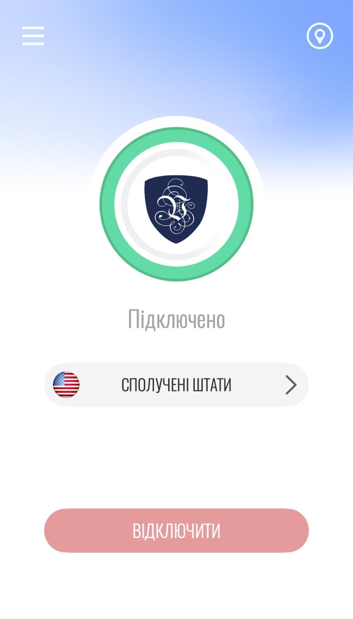 Головний екран застосунку Le VPN для Mac, підключено, з рядком сервера та кнопкою «Відключити»