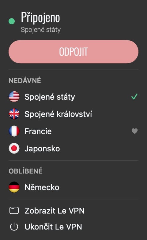 Panel Le VPN v řádku nabídek macOS s tlačítkem Odpojit, nedávnými servery a oblíbenými
