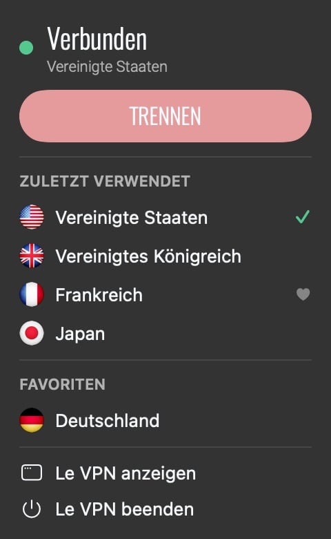 Le VPN Panel in der macOS Menüleiste mit Trennen, zuletzt genutzten Servern und Favoriten