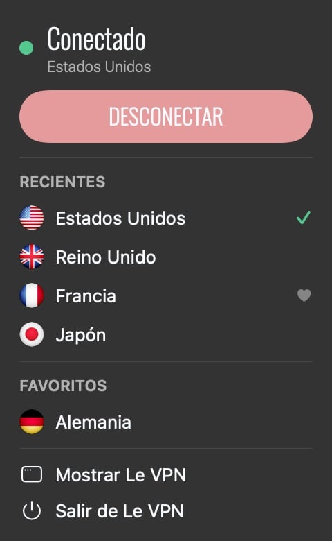 Panel de la barra de menús de Le VPN en macOS con Desconectar, servidores recientes y favoritos