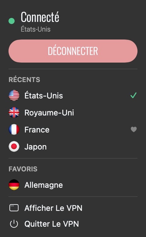 Panneau de la barre des menus de Le VPN sur macOS avec Déconnecter, serveurs récents et favoris