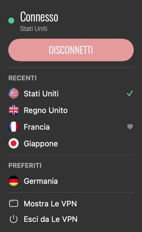 Pannello Le VPN nella barra dei menu di macOS con Disconnetti, server recenti e preferiti