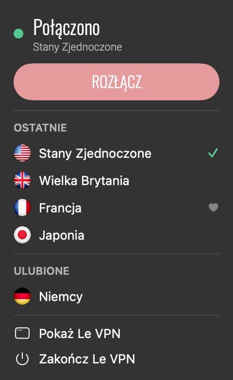 Panel Le VPN na pasku menu macOS z przyciskiem Rozłącz, ostatnimi serwerami i ulubionymi