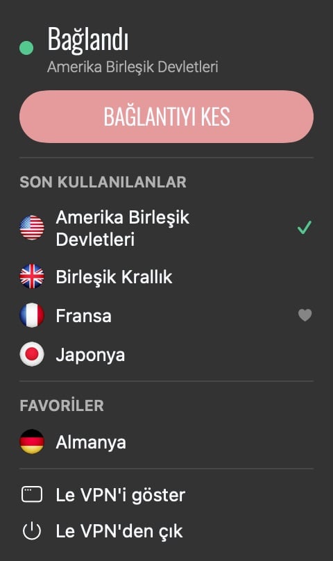 macOS'te Le VPN menü çubuğu paneli; Bağlantıyı Kes, son sunucular ve favorilerle