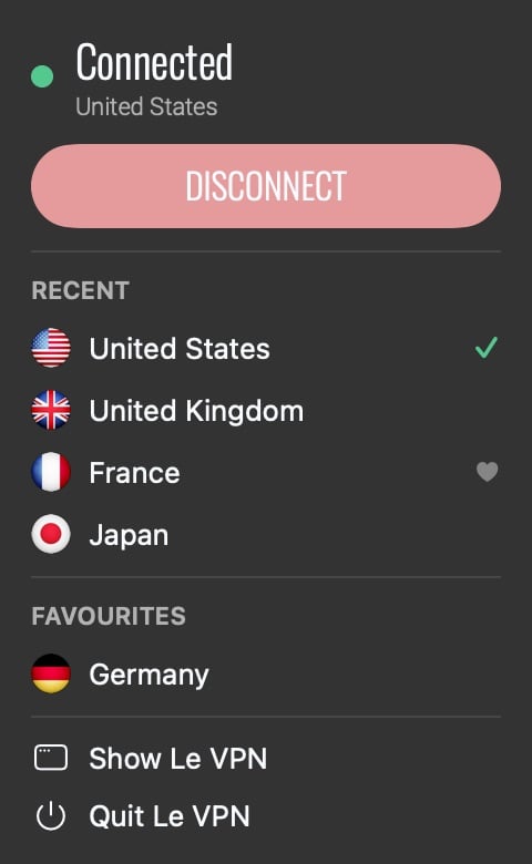 Le VPN menu bar panel on macOS with Disconnect, recent servers and favourites