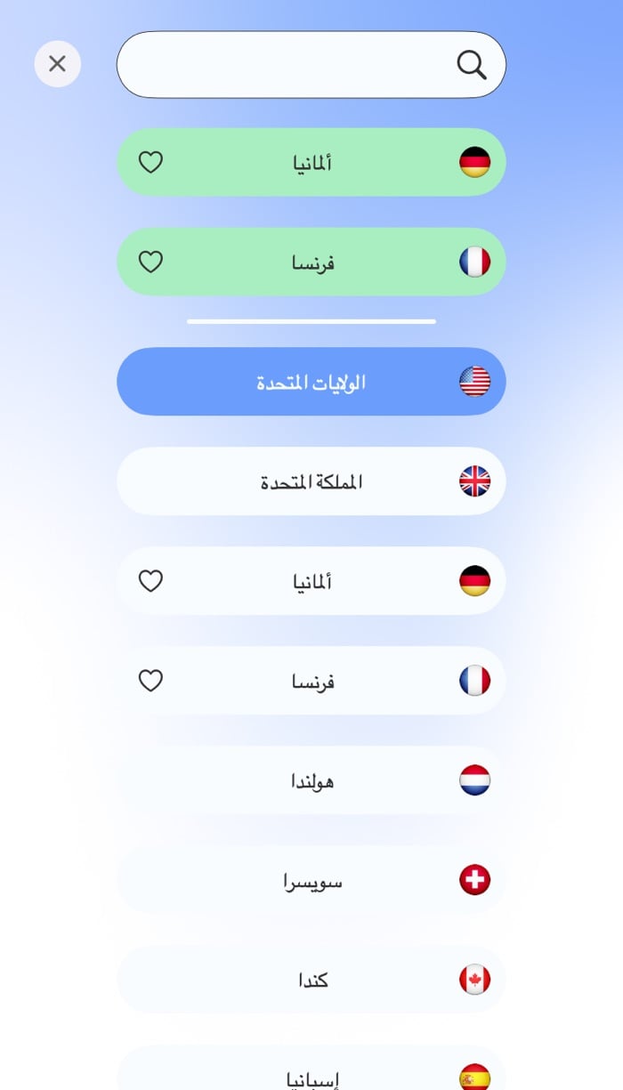 قائمة الخوادم في تطبيق Le VPN على Mac مع البحث والمفضلة وأعلام البلدان