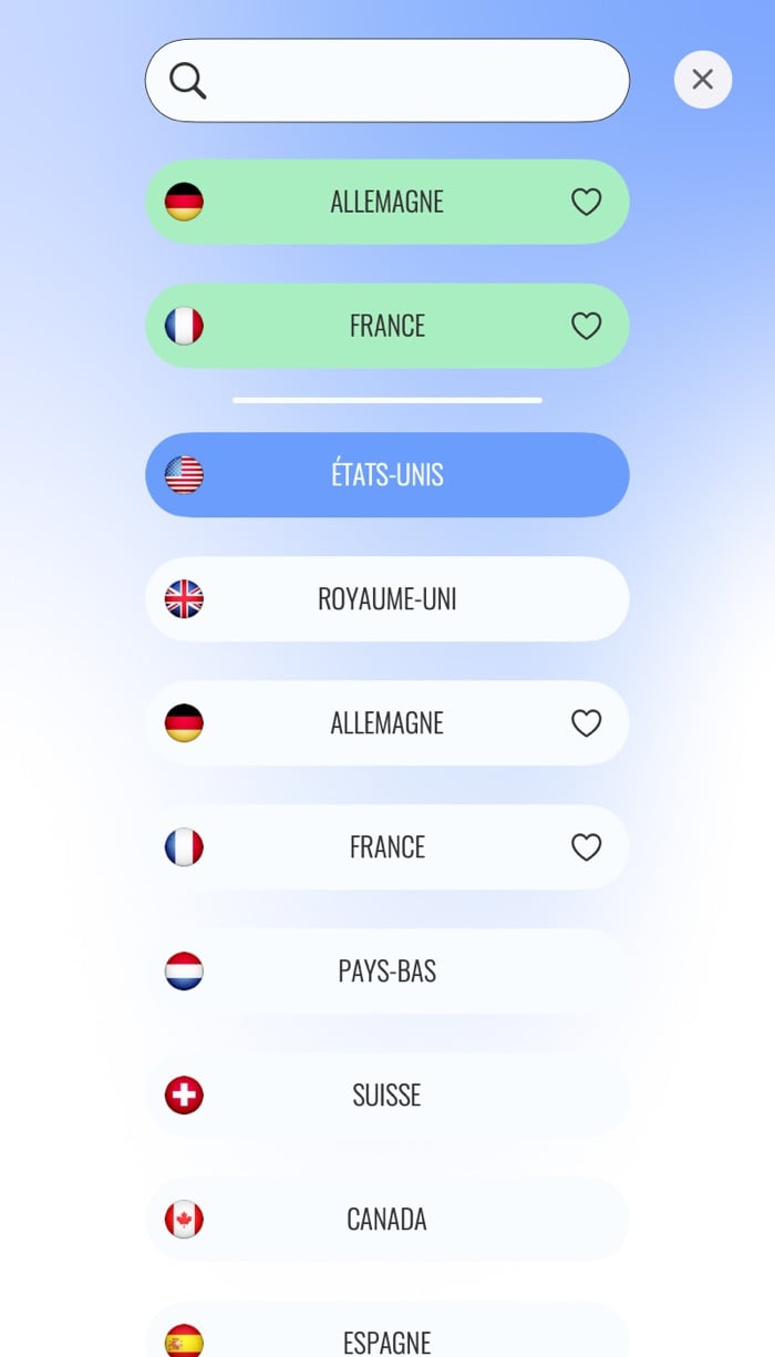 Liste des serveurs de l'app Mac Le VPN avec recherche, favoris et drapeaux des pays