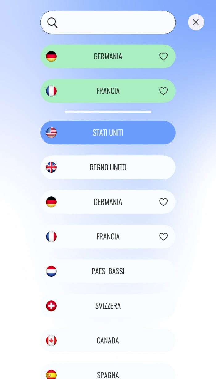 Elenco server dell'app Le VPN per Mac con ricerca, preferiti e bandiere dei paesi