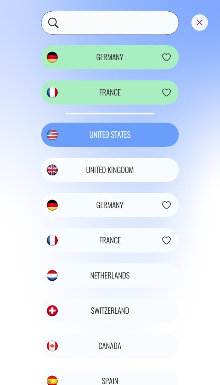Le VPN Mac app server list with search, favourites and country flags