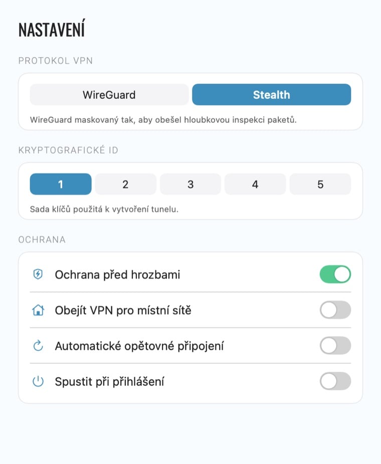 Nastavení aplikace Le VPN pro Mac: přepínač protokolu, kryptografické ID a možnosti ochrany