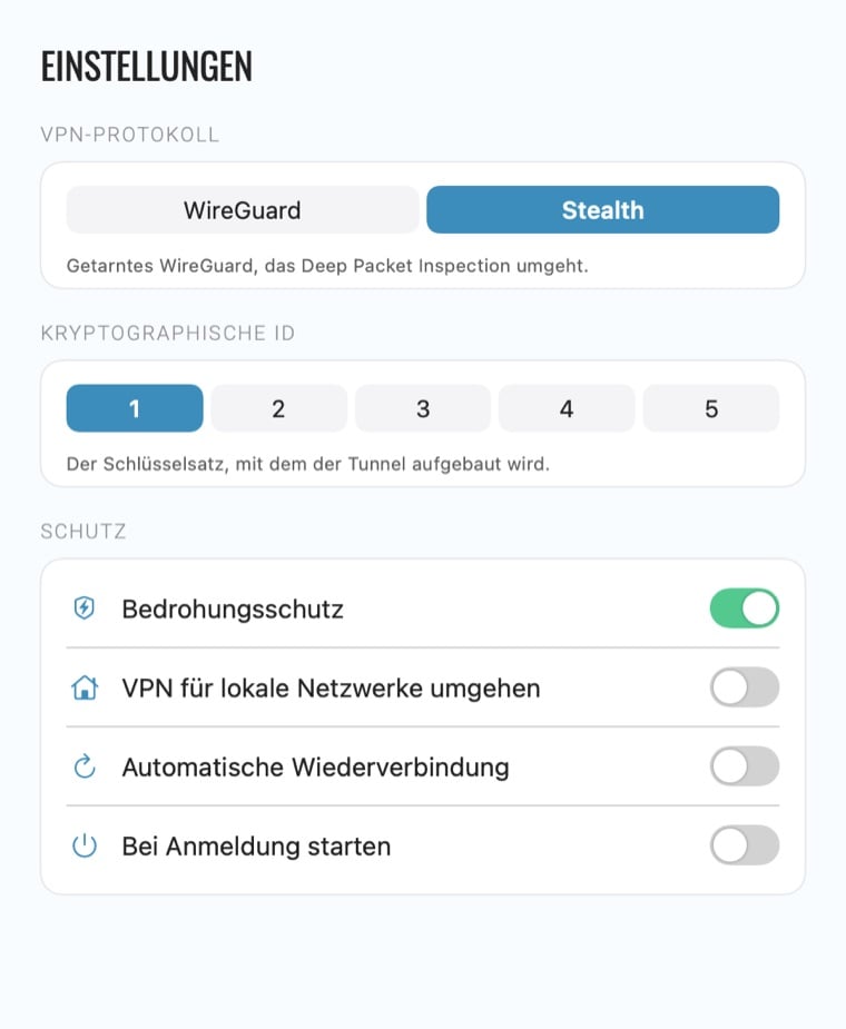Einstellungen der Le VPN Mac App: Protokollwahl, Kryptographische ID und Schutzoptionen
