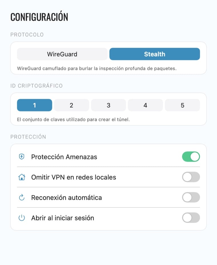 Configuración de la app de Le VPN para Mac: cambio de protocolo, ID criptográfico y opciones de protección
