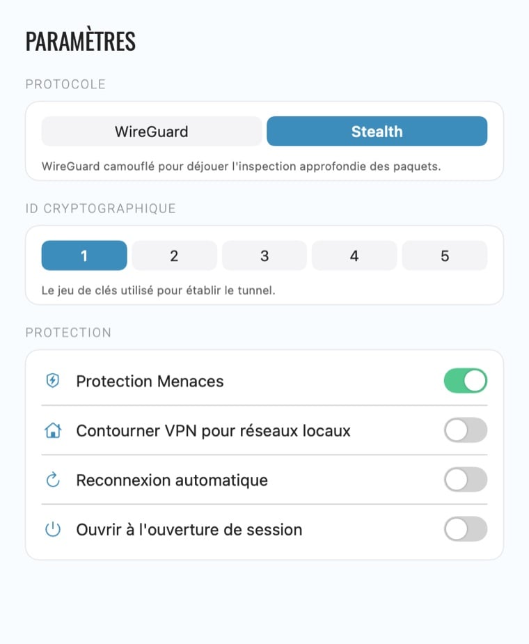 Paramètres de l'app Mac Le VPN : choix du protocole, ID cryptographique et options de protection