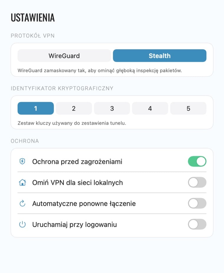 Ustawienia aplikacji Le VPN na Maca: wybór protokołu, Identyfikator kryptograficzny i opcje ochrony