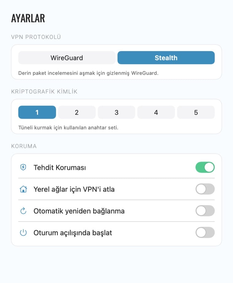 Le VPN Mac uygulaması ayarları: protokol anahtarı, Kriptografik Kimlik ve koruma seçenekleri