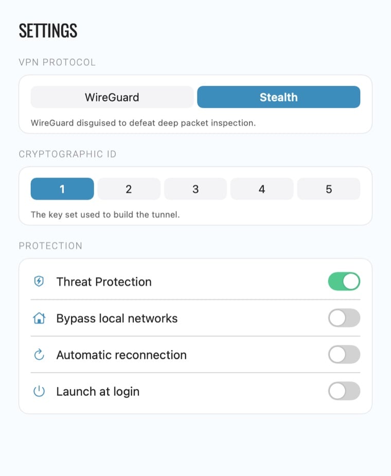 Le VPN Mac app settings: protocol switch, Cryptographic ID and protection options