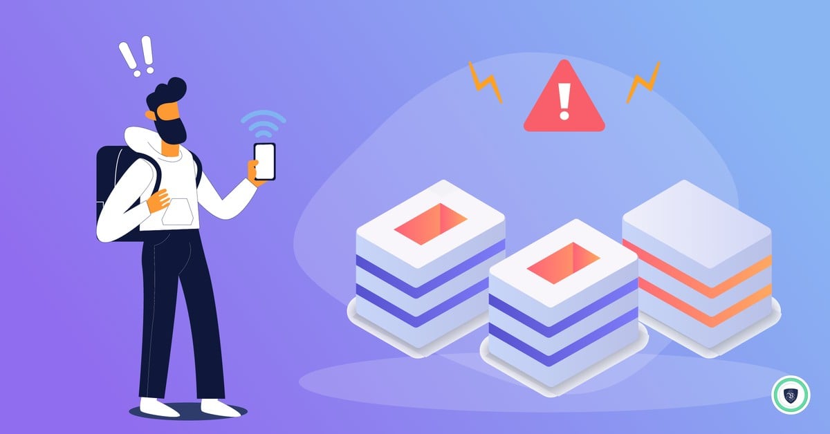 Flat illustration of a worried man with a phone beside three server stacks under a warning sign